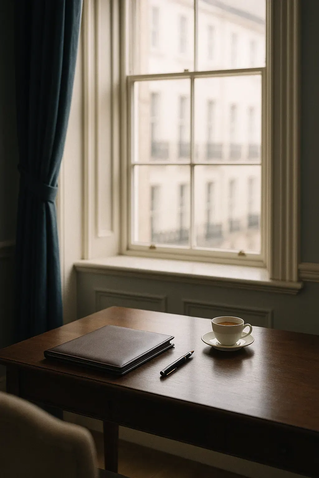 Quiet office with a sash window, oak desk and leather folder